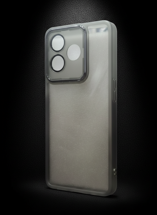 Clear phone case with black border on a white background