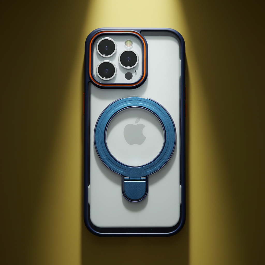 Phone case with a blue ring holder on a white background