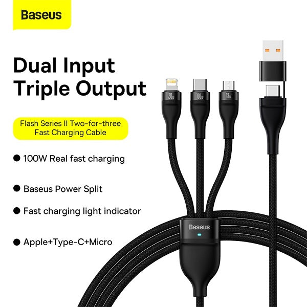 Baseus Flash Series Ⅱ Two-for-three Charging Cable U+C to M+L+C 100W – 1.2m (6M)