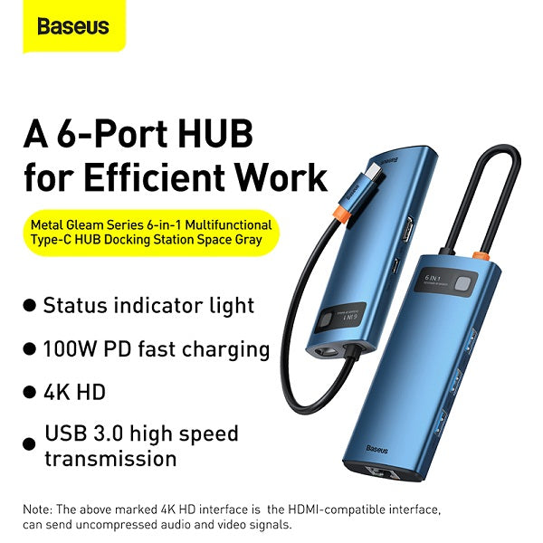 Baseus Metal Gleam Series 6-in-1 Multifunctional Type-C HUB Docking Station