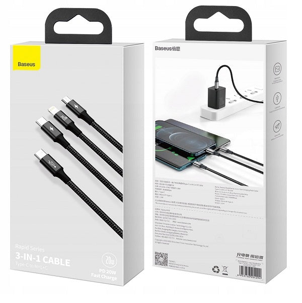 Baseus Rapid Series 3-in-1 Fast Charging Data Cable Type-C to C+L+C PD 20W -1.5 Meter