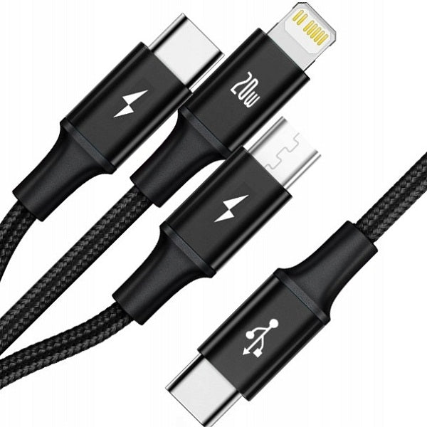 Baseus Rapid Series 3-in-1 Fast Charging Data Cable Type-C to C+L+C PD 20W -1.5 Meter