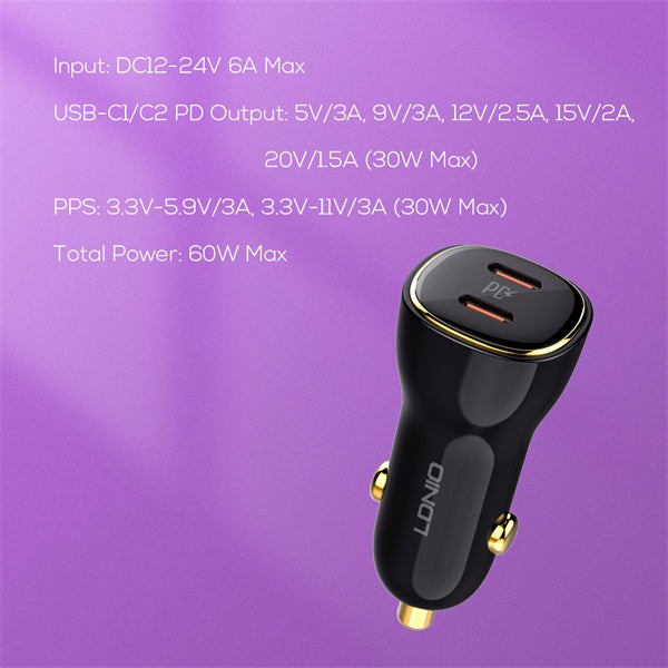 LDNIO C104 60W Dual Super Fast Car Charger