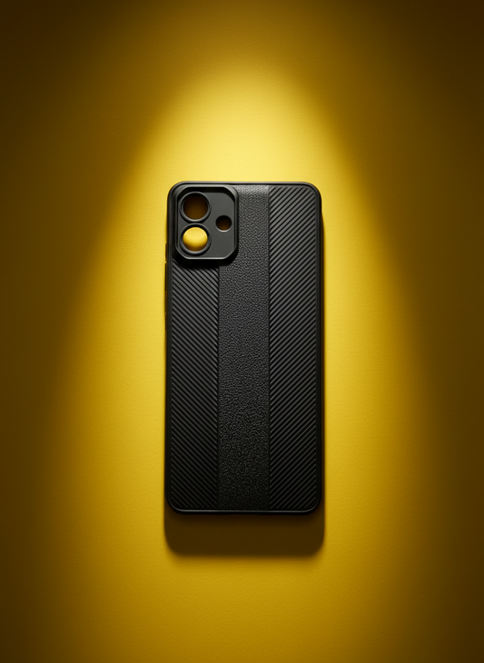 Black phone case with carbon fiber texture on a white background