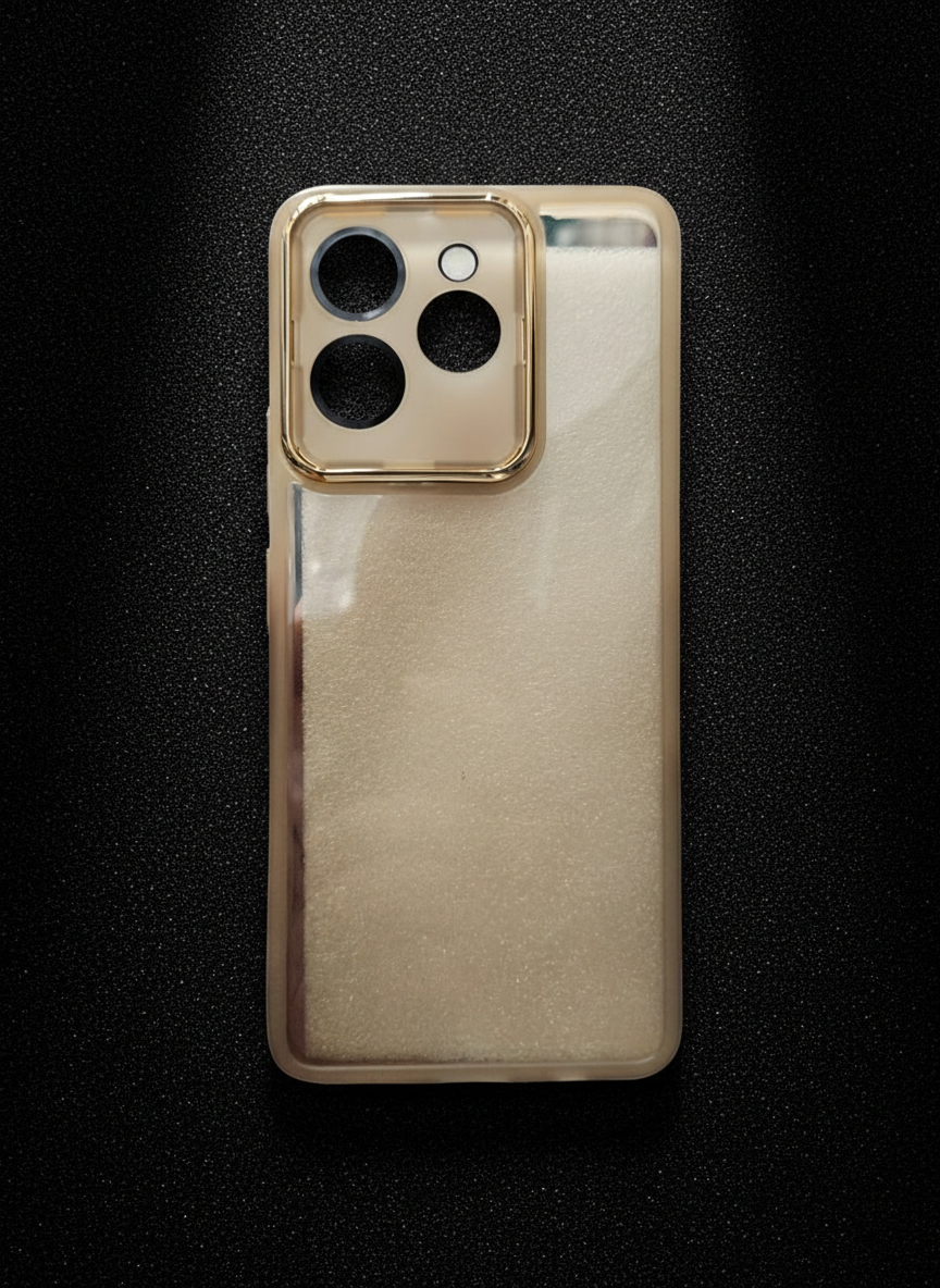 Gold phone case with clear back on a white background