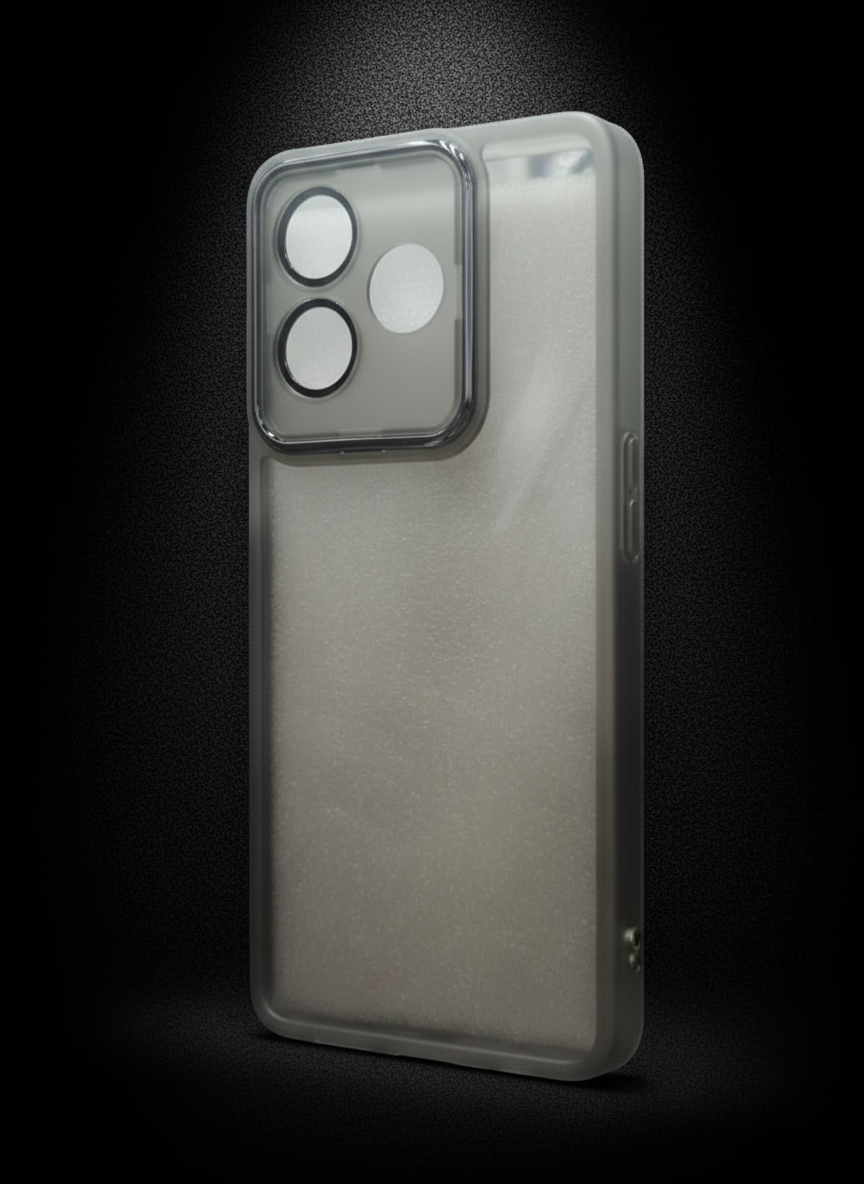 Clear phone case with black border on a white background